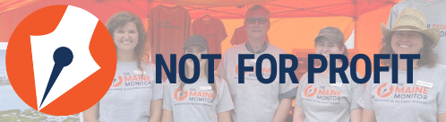 text that says not for profit is overlayed across an image of members of the maine monitor newsroom
